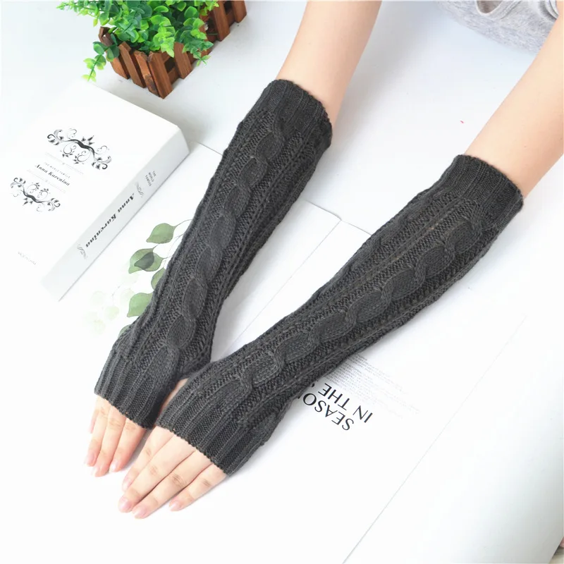 Women\'s Long Fingerless Gloves Winter Punk Warm Oversleeves Knitted Half Finger Twist Arm Sleeve Mitten Keep Warm Arm Warmer