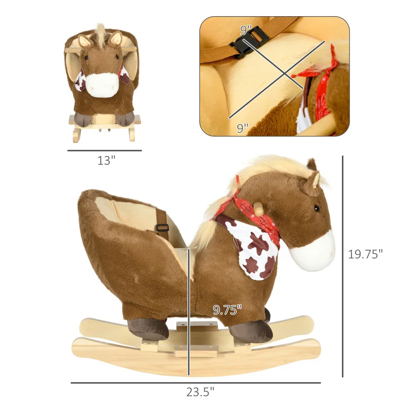 Baby Plush Animal Rocker Horse Brown Realistic Sound Pedals for 18 36 Months Sturdy Soft Ideal Toddler Indoor Play Gift