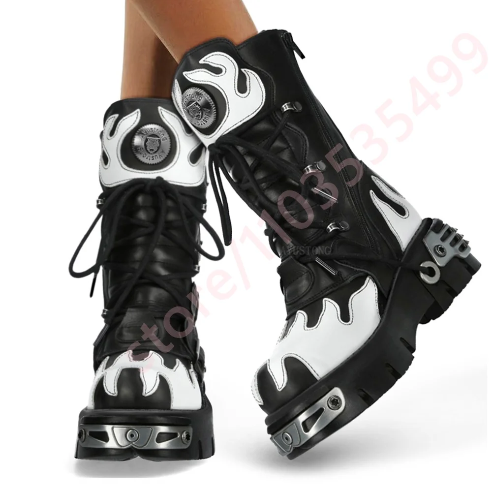 

Tank Mixed Color Rivet Motorcycle Boots New Street Rock Punk Flame Rivet Belt Buckle Gothic Boots Round Thick Heel Fashion Boot