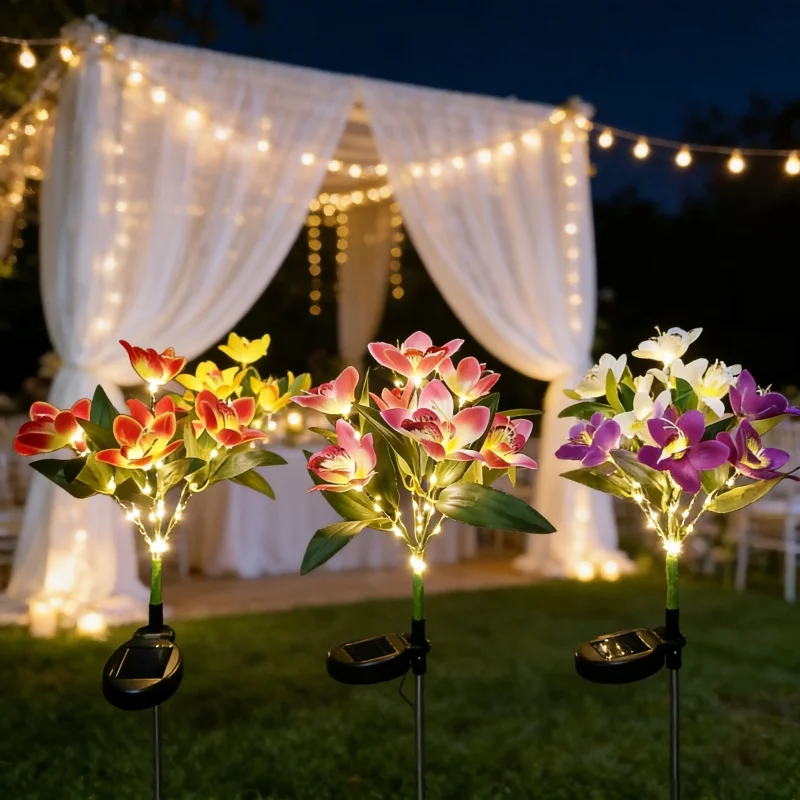 Solar Simulation Orchid Flower Lights Outdoor Lawn Lamp for Patio Lawn Garden Camping Holiday Wedding Party Decoration Flower
