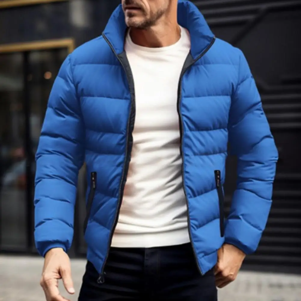 Men Jacket Quilted Puffer Jacket With Stand Collar Side Pockets For Men Full Zipper Closure Solid Color Thickened Coat Loose Fit