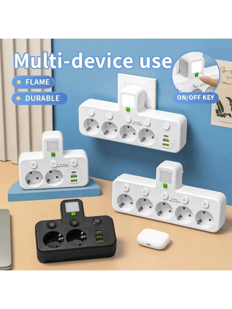 Listwa zasilająca z gniazdami EU, wielowarstwowa listwa ścienna, uniwersalny filtr sieciowy z lub bez USB, niezależne włączniki, podświetlana. — zdjęcie produktu 7
