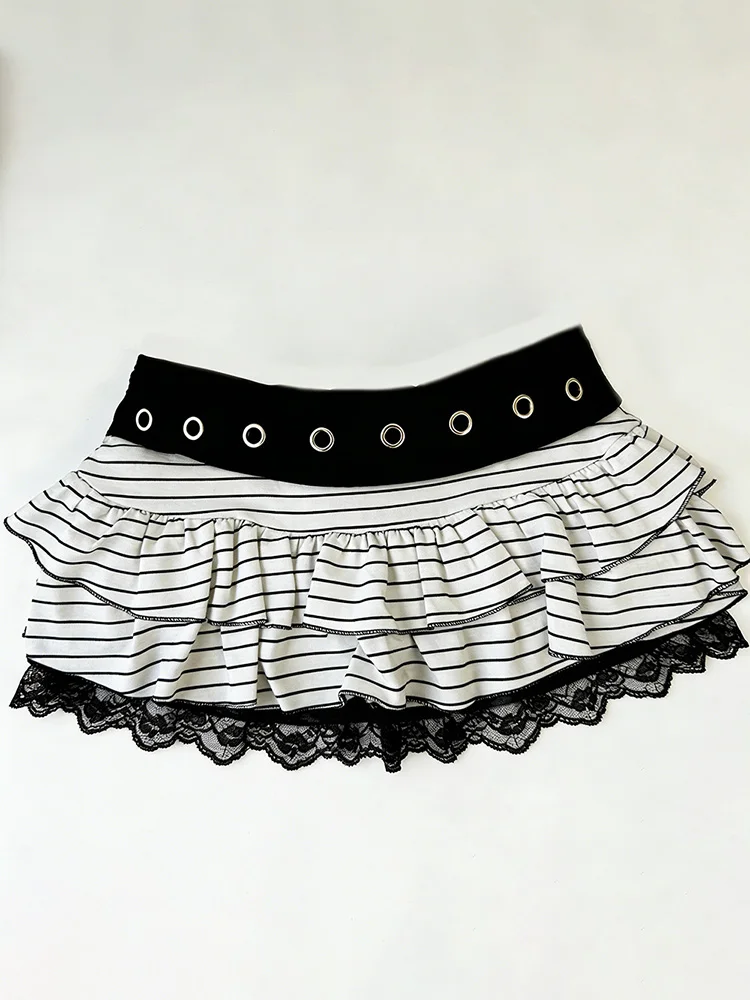Summer Women Gothic Punk Daily Black White Stripe Tiered Frill Lace Trim Metal Eyelet Waist Slim Fit Micro Skirt