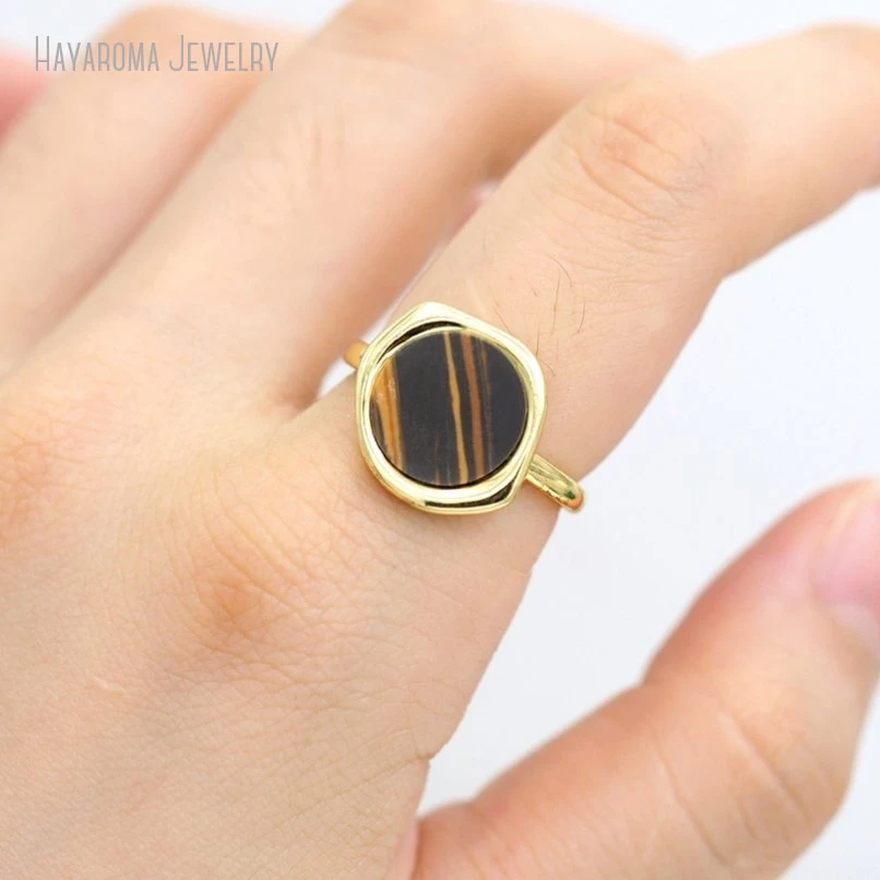 10Pcs Gold Color Round Coin Shape Circle Metal Stone Tiger Eye Copper Wholesale Ring RM50766