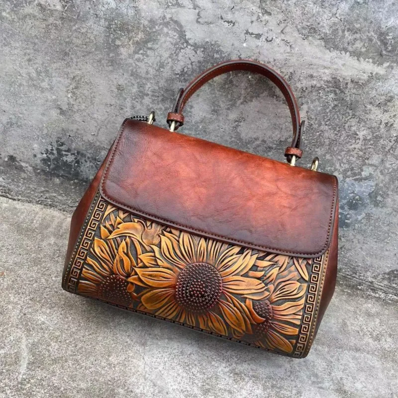 MOTAORA 2024 New Retro Leather Handbag Woman Luxury Designer Handbags Embossed Sunflower Women Shoulder Bags With Shoulder Strap