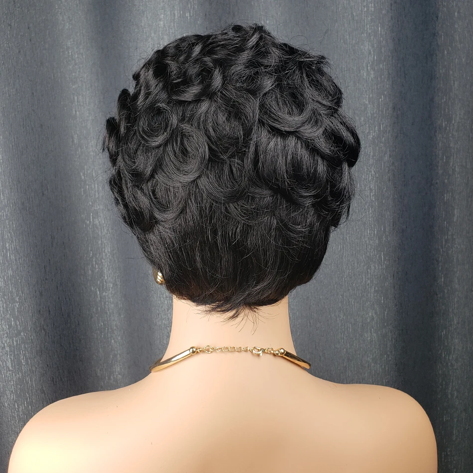 Peruka z ludzkich włosów pixie cut, w całości wykonana maszynowo, z grzywką, kręcone włosy typu egg curly, krótka peruka pixie cut z ludzkich włosów.
