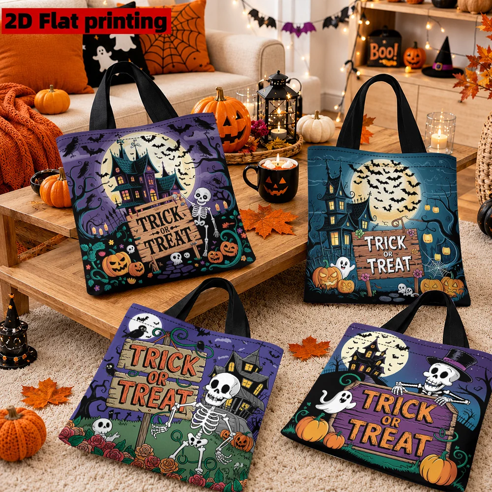 1pc for Halloween Trick or Treat Themed Tote Bag, Skeleton Castle Moon Bat Pattern Handbag for Halloween PartyHome Decor