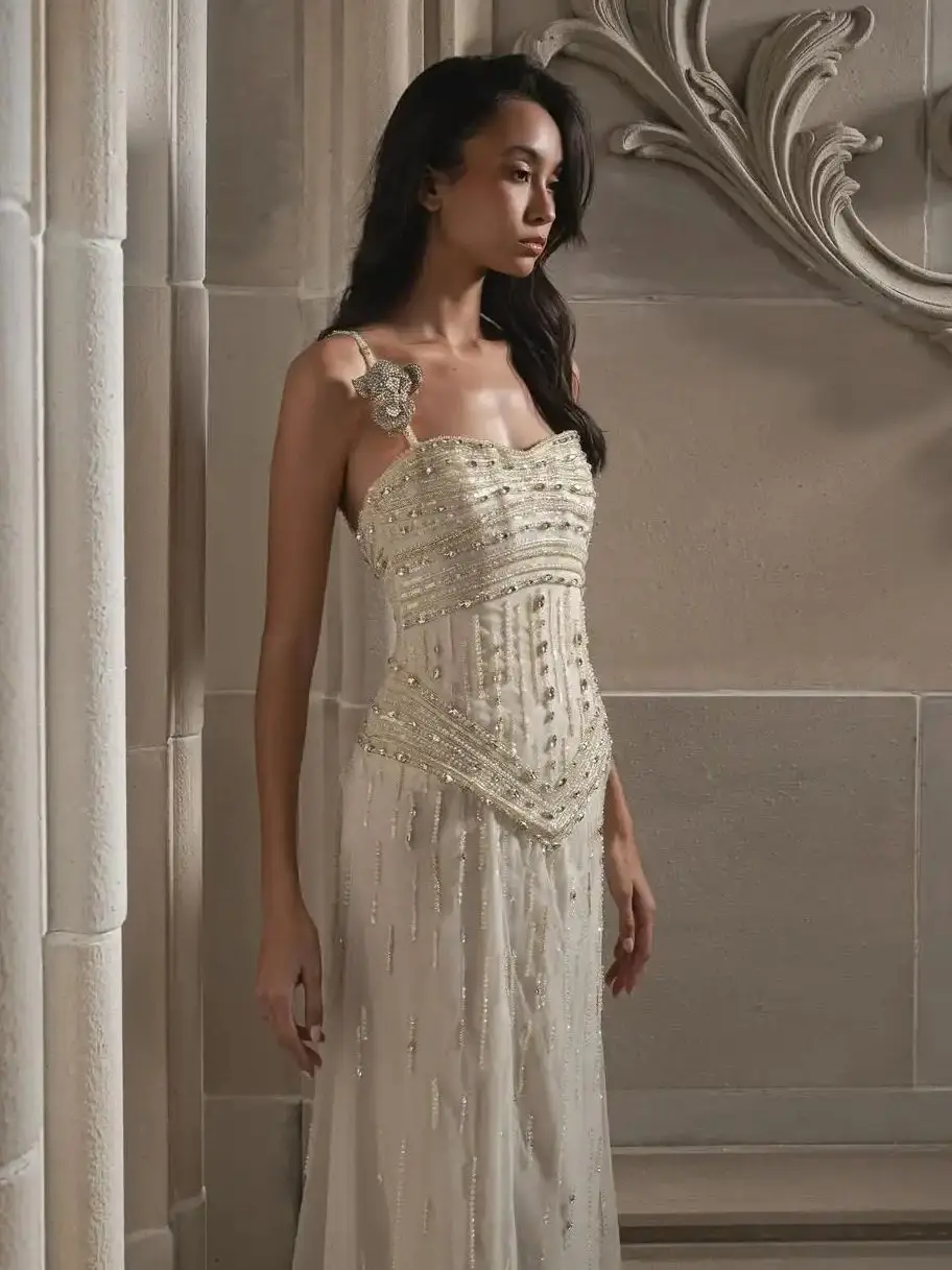 

Ofherown вечернее платье цвета шампанского с кристаллами и бисером, женское платье на бретельках с открытой спиной, элегантное вечернее платье на заказ