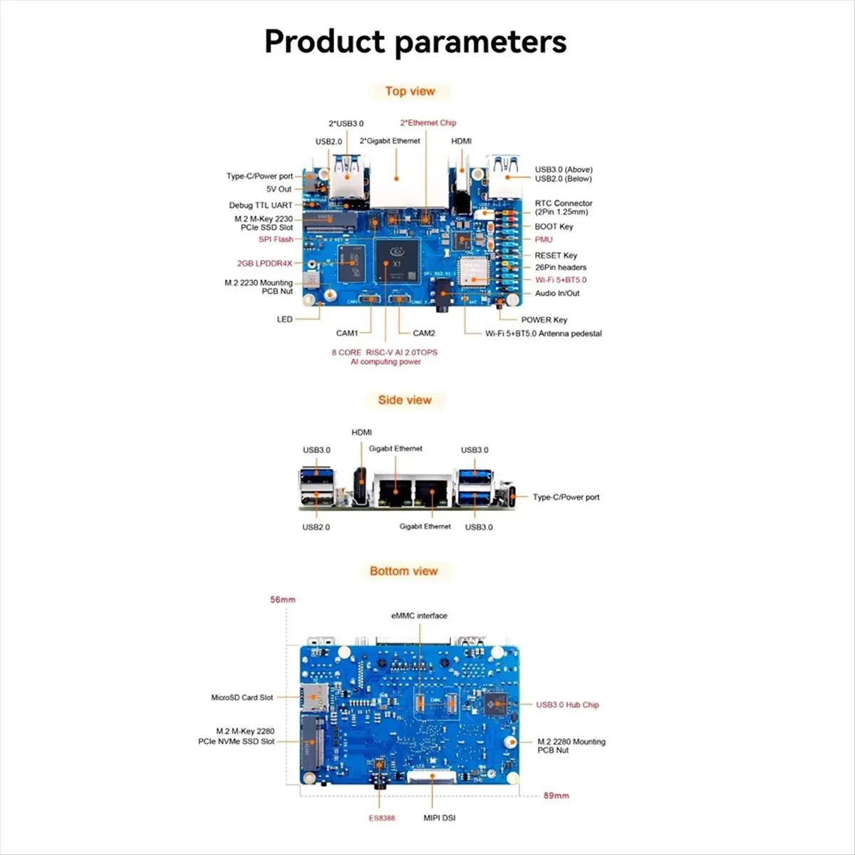 HDL For Orange Pi RV2 Single Board Computer DDR4 8-Core RISC-V 2TOPS AI CPU WiFi BT5.0 BLE M2 PCIE SSD Mini PC 4G