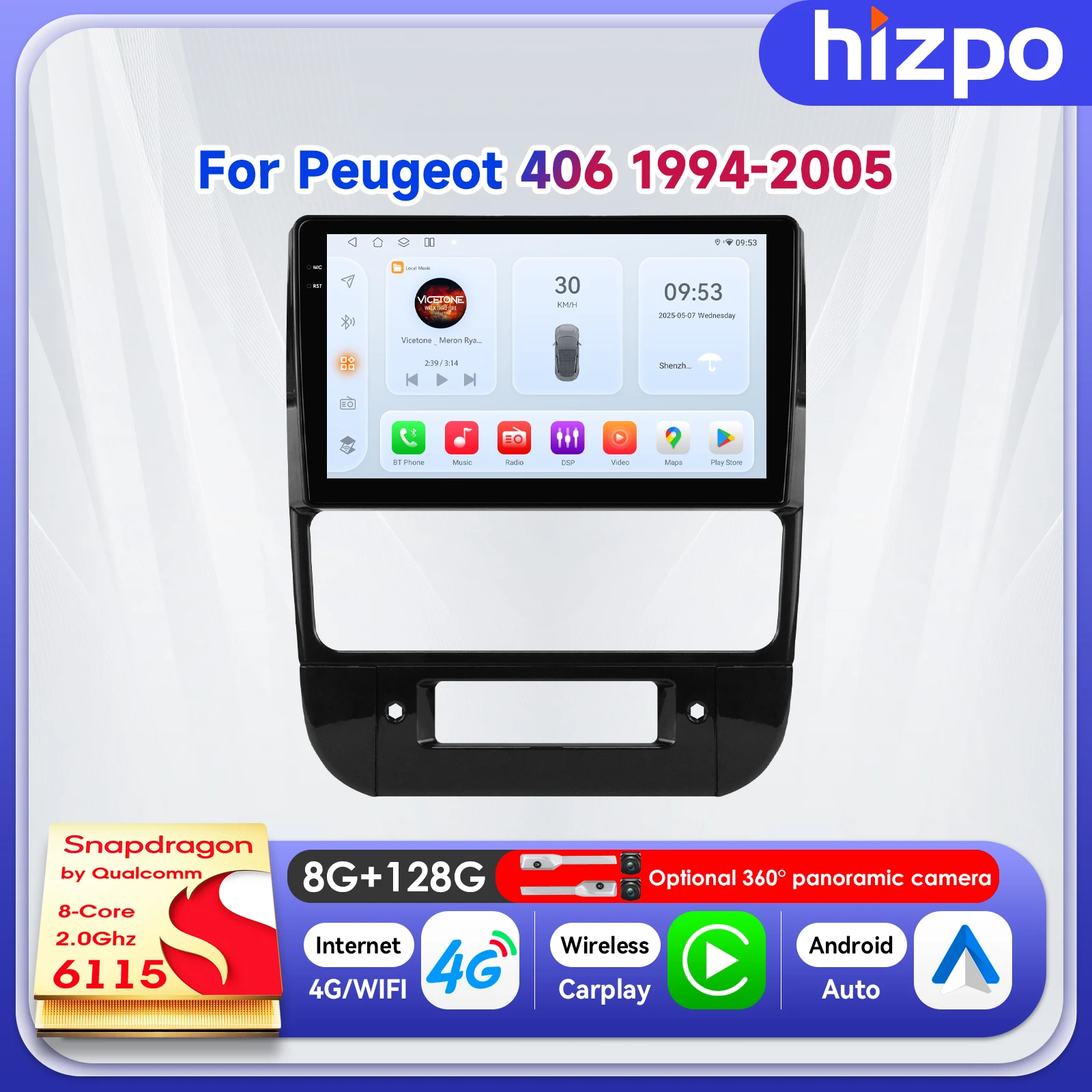 

Автомобильный мультимедийный плеер Hizpo 9 дюймов для Peugeot 406 1994-2005, умные электронные устройства, беспроводной CarPlay, QLED-экран, 4G, Bluetooth