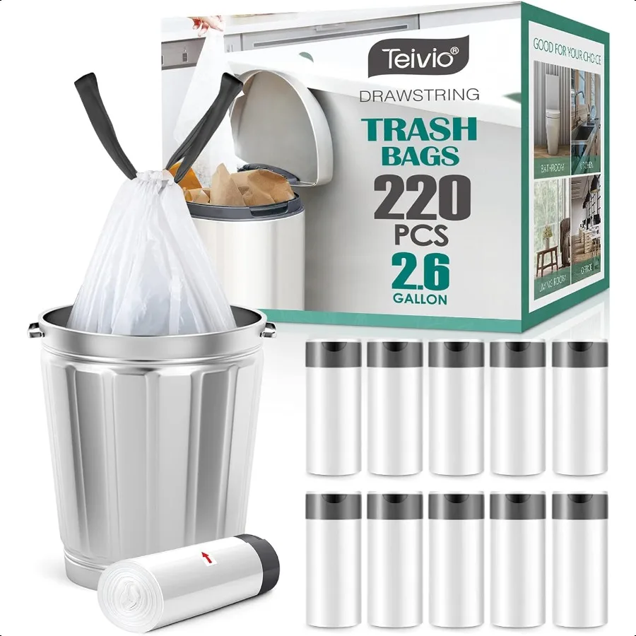 

2.6 Gallon 220 Counts Strong Drawstring Trash Bags Garbage Bags by Bathroom Trash Can Bin Liners Small Plastic Bags for home of