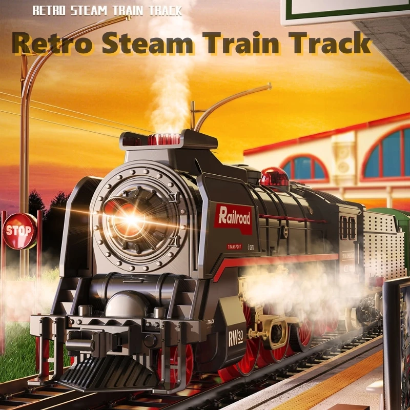 ขายร้อน Retro รถไฟไอน้ําชุดจําลองไฟฟ้ารถไฟขนาดเล็กรุ่นเด็กของขวัญรถไฟของเล่นวันหยุดของขวัญไม่มีแบตเตอรี่ชุด