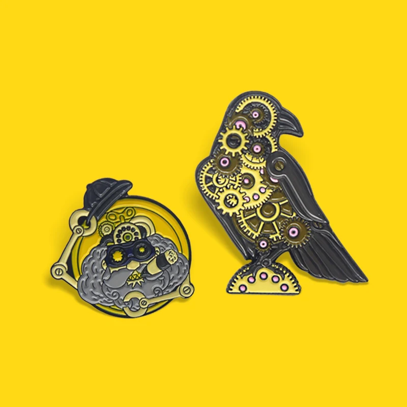 Punk Machine Bird Robot Enamel Pins Gear Turntable Crow Bird Eagle Machinist Brooches Lapel Bag Jewelry Gift for Kids Wholesale