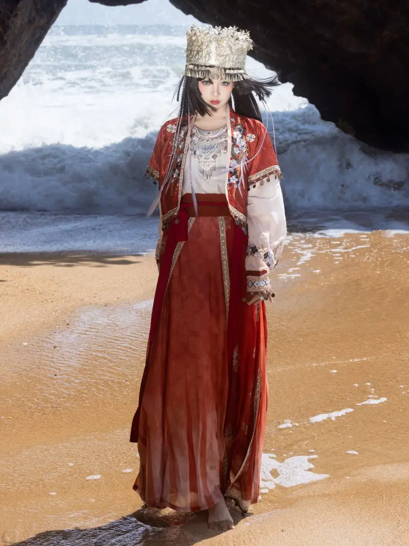 

"Foreign Land" Style Red And Purple Hanfu Costume Top Skirt Coat Miaojiang Mysterious Girls Clothes Set