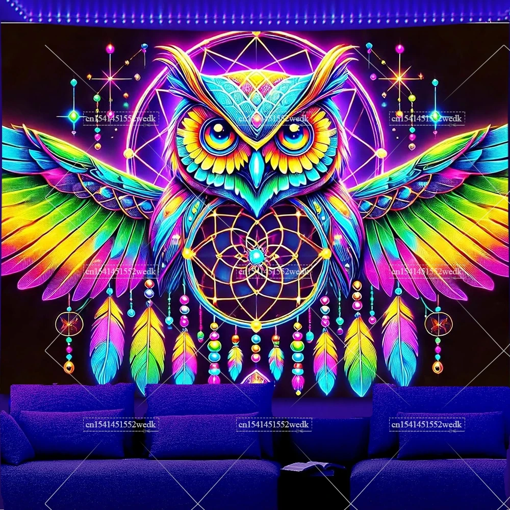 UV Reactive Owl Dreamcatcher Blacklight Tapestry Moon Stars Neon Tapestrys Fluorescent Tapestries Wall Hanging Party Backdrops