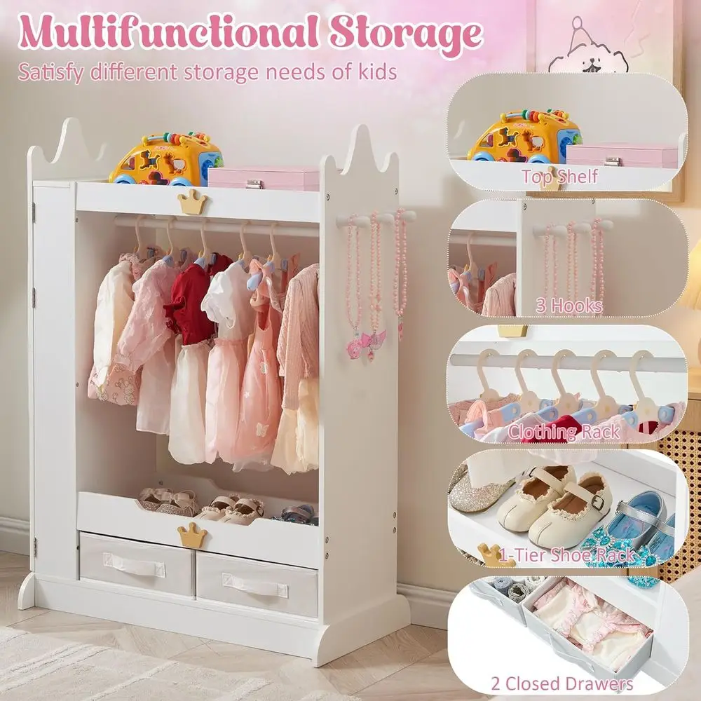 子供用鏡付きクローゼット、棚付き、女の子用プリンセスドレスアップラック、子供用衣類ラック、ベッド用ワードローブクローゼット