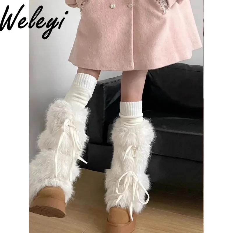 Warm Y2k Bow Straps Hairy Leg Cover Middile Tube  Leg Warmers Autumn Winter Girl Thick Imitation Fur Thermal Calf Socks Women