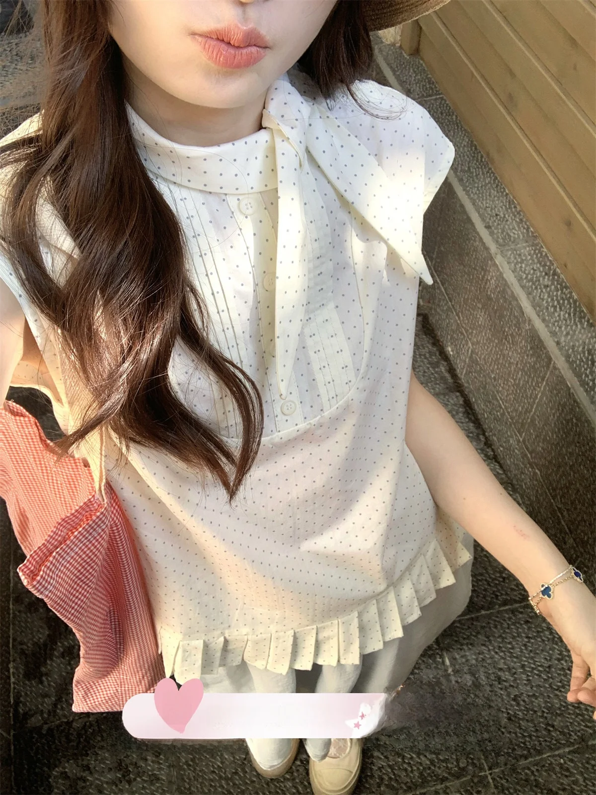 

Женский топ TheDouerr Sweetheart Rabbit Ear Polka Dot Vest: дышащая, приятная к телу, безрукавная весенняя рубашка с круглым вырезом и узором в горошек