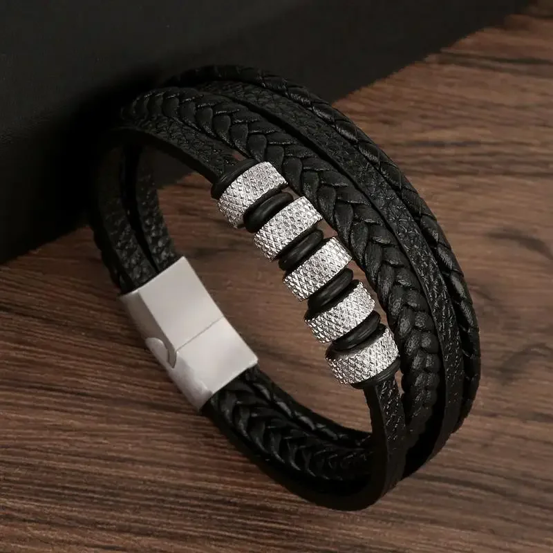 Luxury fashion braided leather bracelet classic multilayer men's beaded bracelet with frosted magnetic buckle party jewelry gift