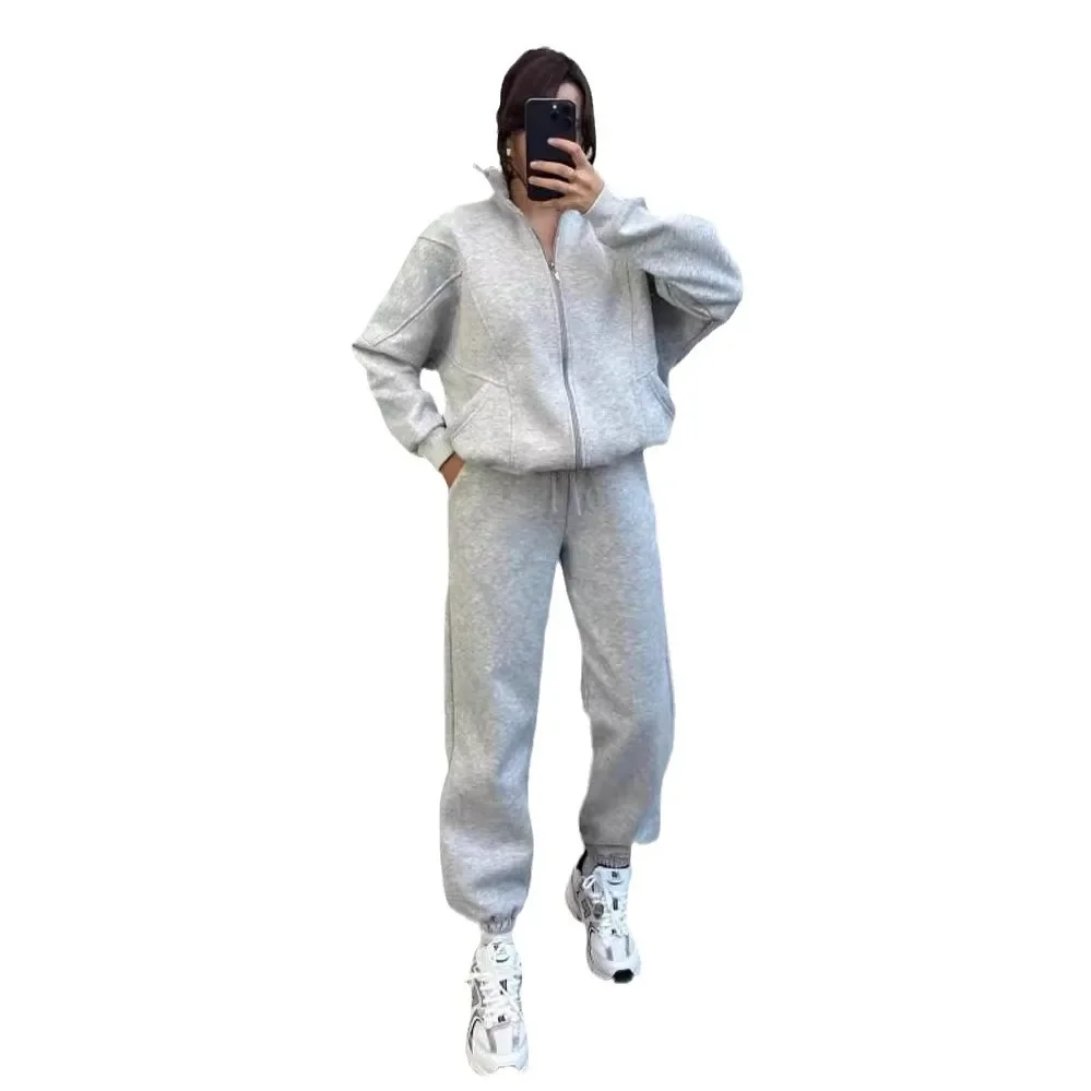 European and American women plus cashmere suit fashion simple long-sleeved hoodie solid color sports suit women