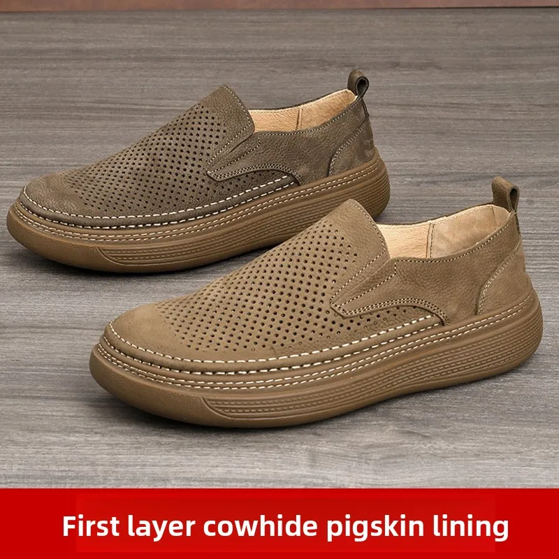 

2026 New Top Layer Cowhide Men Leather Shoes High Quality Real Cowhide Hollow Out Loafers Men Luxury Breathable Leather Sneakers