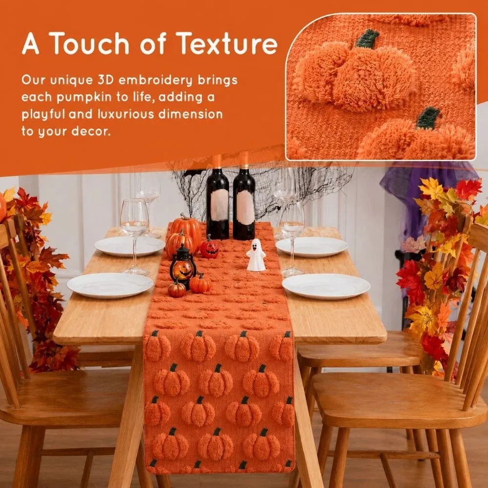 Comfortable Halloween Table Runner Rectangular Long Pumpkin Table Cover Creative Soft Texture 3D Tufting Dining Tablecloth