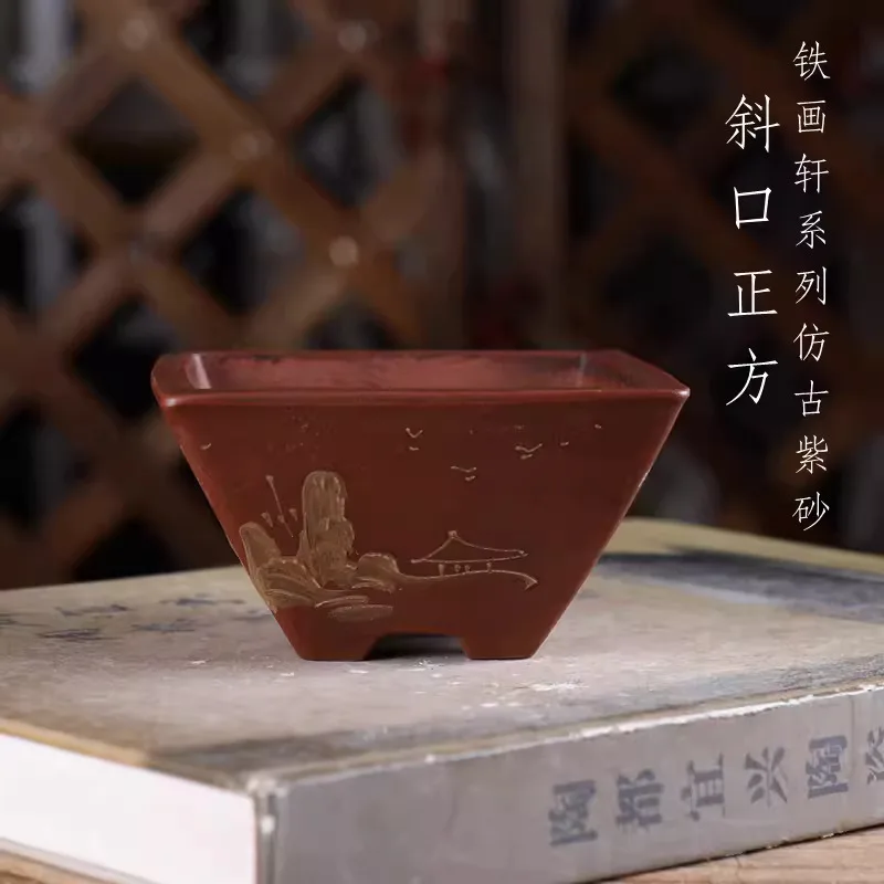 Ceramic Bonsai Pot, Inverted Pyramid Form,Handmade Painting,Flower Plant, Small Vase, Garden Table, Home Decoration