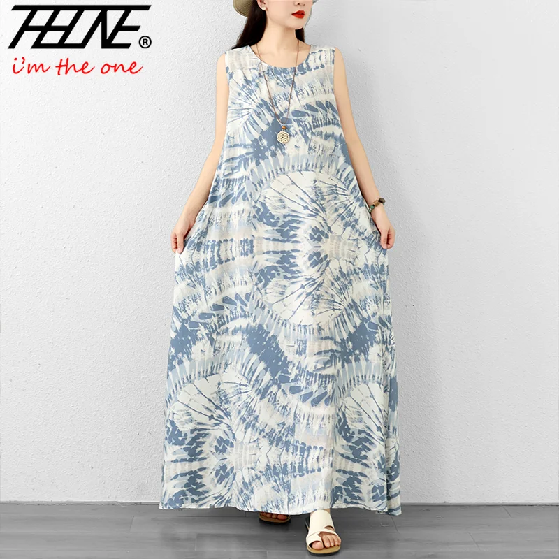 THHONE Vestido Largo sin Mangas de Verano para Mujer 2026, Cuello Redondo, Estampado Bohemio, Estilo Casual de Playa para Vacaciones, Vestidos para Mujer