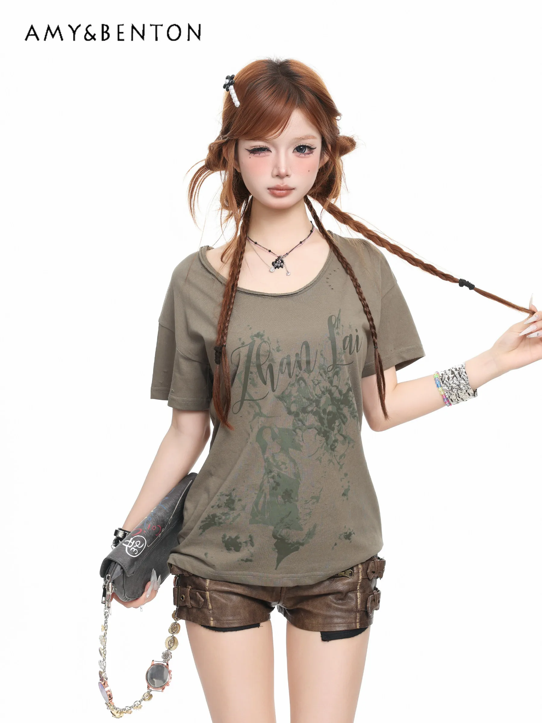 

2026 Summer New American Y2K Women Green White Graffiti Print Loose Casual Round Neck Short Sleeve Streetwear T-Shirt