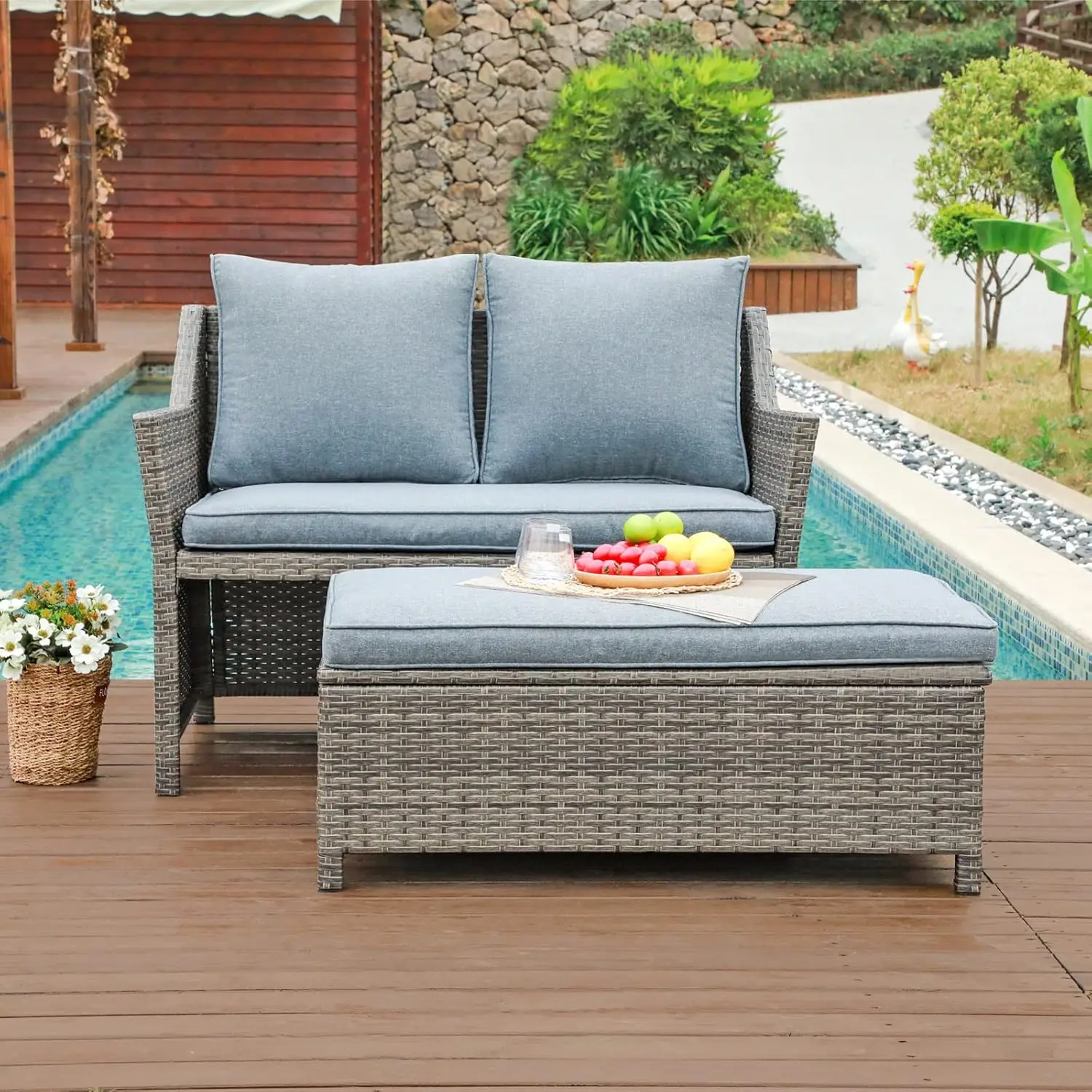 Conjunto de assento de vime para exterior de 2 peças e mesa de centro, armazenamento embutido, rattan cinza, almofadas cinza
