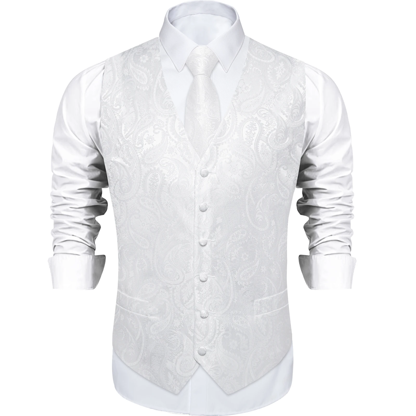 Reinweiße Hochzeitsweste für Herren, ärmellos, V-Ausschnitt, Satin, luxuriöse Herrenweste, Krawatte, Einstecktuch, Manschettenknöpfe, Clip, 5-teiliges Set, Geschenk – Detail 11