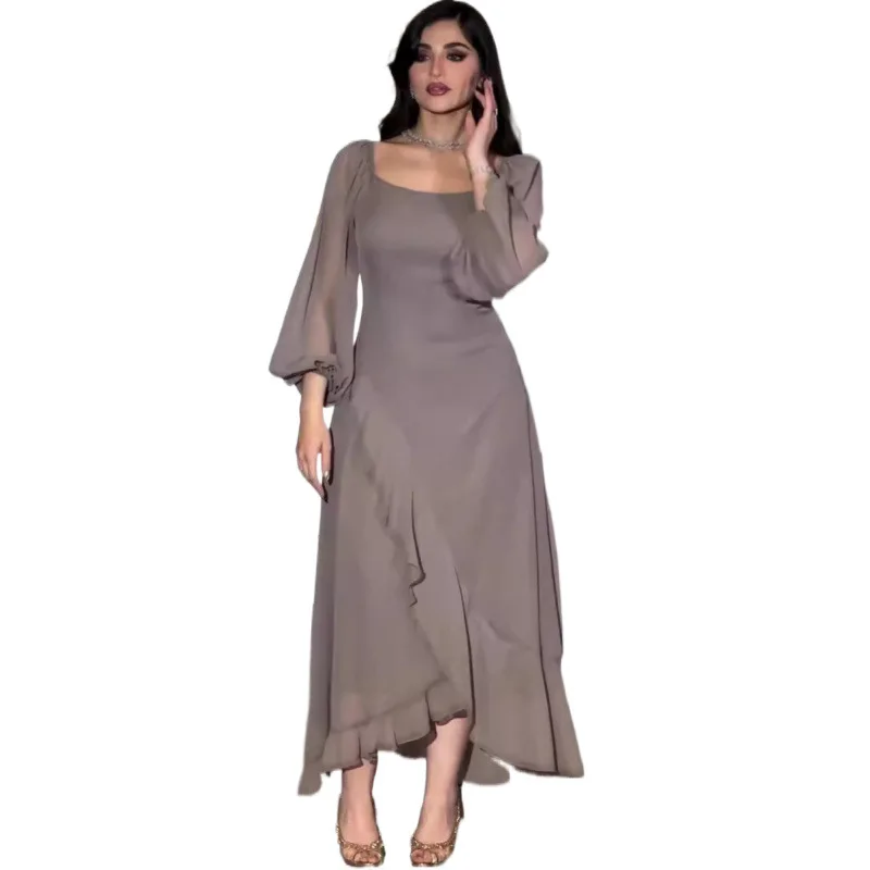 2025 europeu e americano verão novo estilo fora do ombro cor sólida manga nove quartos babados irregular vestido fino ajuste