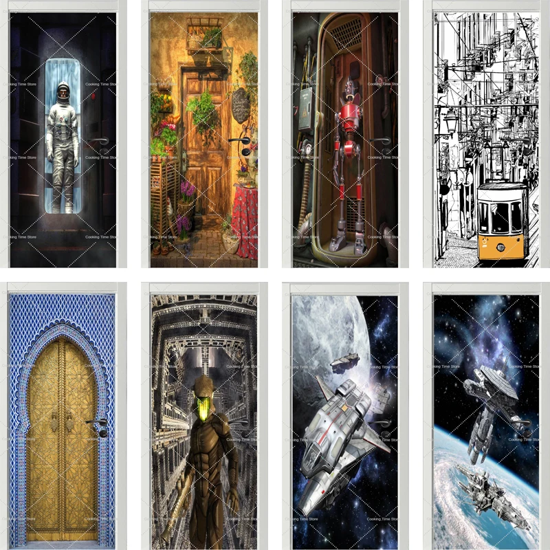 

Outer Space Theme Series Door Stickers Creative Robots Self-Adhesive Door Wallpaper Poster Removable PVC Sticker Wall Decoration