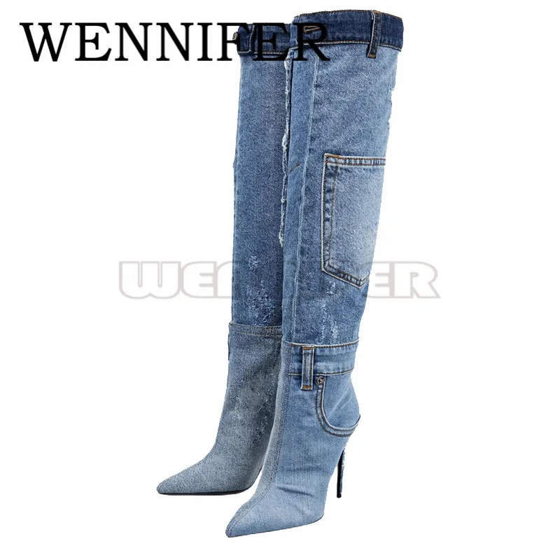 Blue Denim High Stiletto Heel Boots Pointed Toe Sexy Thigh High Heel Boots Ladies Night Club Party Over the Knee Botas De Mujer