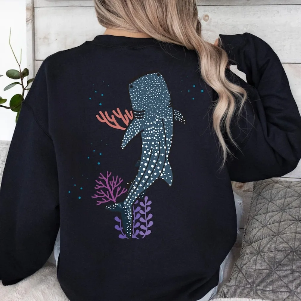 

Кит Акула Ретро Эстетика Женская толстовка на спине Пляжный океан Зимний пуловер с длинными рукавами Пляжная океанская модная уличная одежда