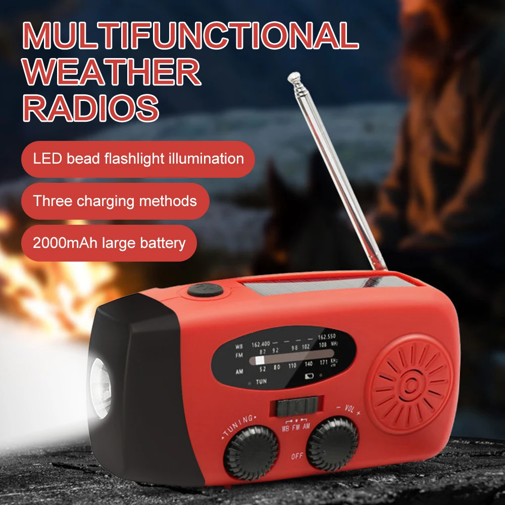 2000mAh Multifunctional Portable Solar Hand Crank Radio FM AM WB Weather Radio USB Charging Emergency LED Flashlight Power Bank