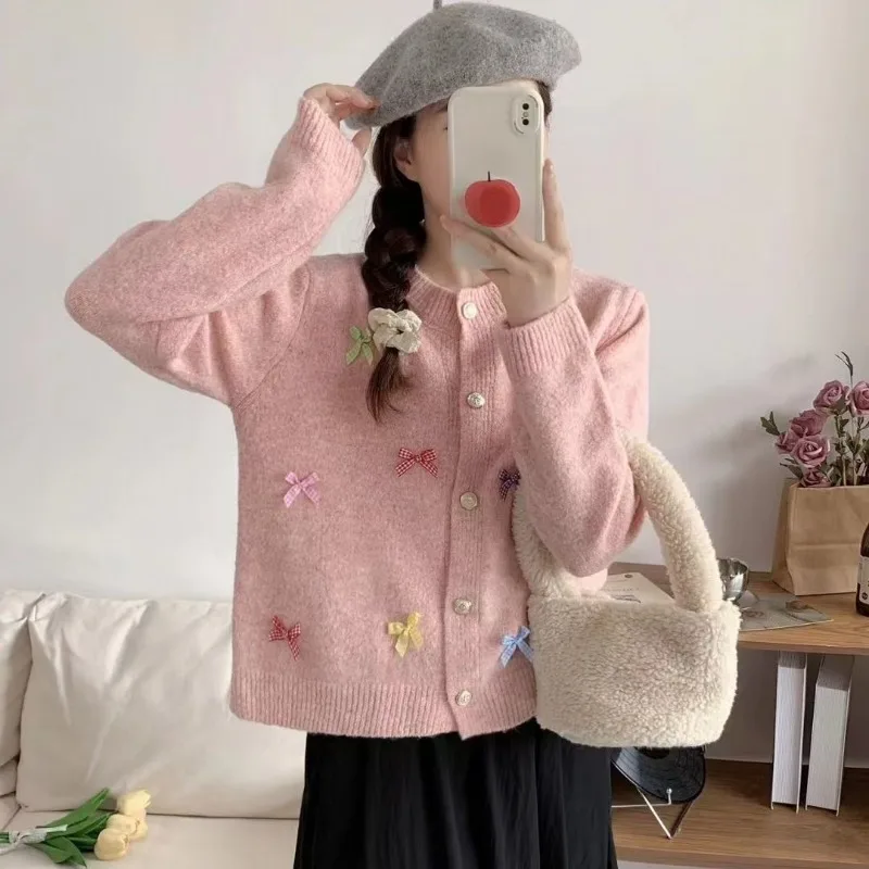 

Deeptown Korean Style Knit Cardigans Youth Woman Harajuku Vintage Cute Preppy Sweaters Y2k Cozy Outerwears Bows Autumn Winter