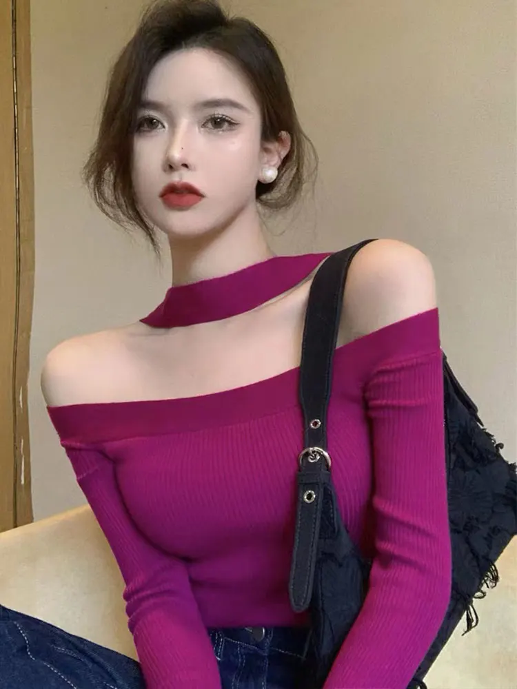 Sweater Women Sexy Slim Long Sleeve Top Pull Femme Autumn Knit Halter Cropped Sweaters Korean Pullover Womens Clothing Jumper