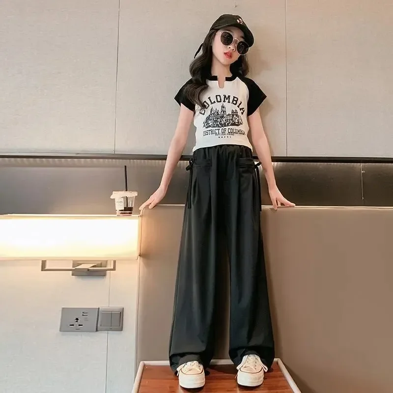 Girls Summer Suit Fashion Short T-shirt Cargo Pants 2pcs Teenage Kids Clothes 6 7 8 9 10 11 12 13 14 Years Old Children Clothes