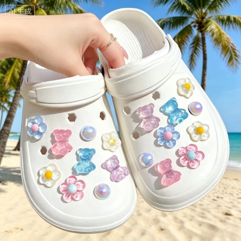 18pcs Pink Purple Blue Flash Bear Flower ABS Pearl Shoe Buckle DIY Decorations for Women
