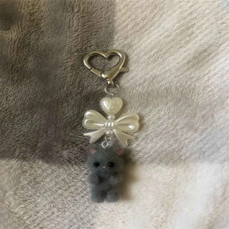 Cute Fuzzy Kitty Cat Heart Bow Keychain, Kitten, Kawaii, Pink Bow, Pearl Heart