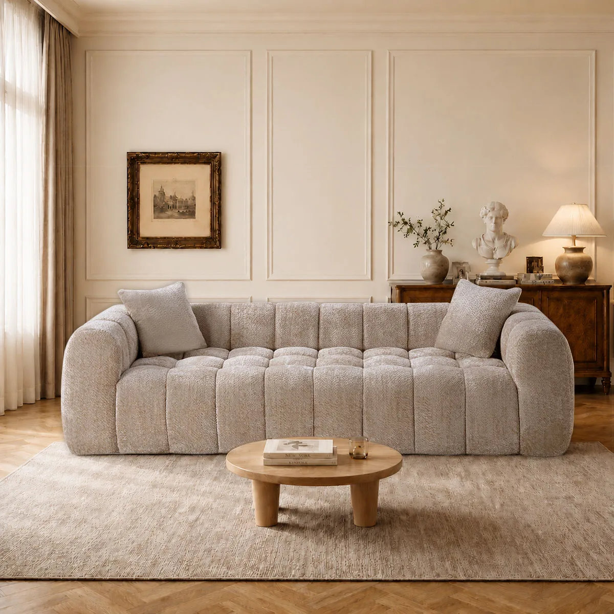102.7 Inch Channel Tufted Boucle Sofa, Modern Oversized Cloud Sofa, 3 Seater Upholstered Straight Sofa for Living Room