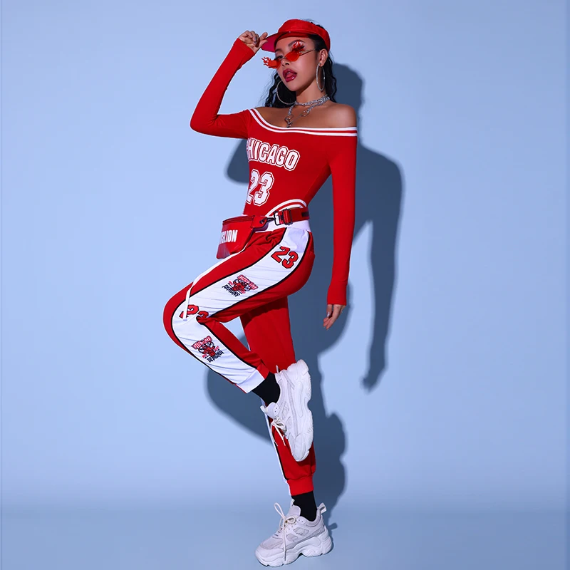 

Сексуальный красный уличный танцевальный наряд для выступлений, женский комплект, длинные брюки, корейский танцевальный костюм для выступлений, orm Jazz Dance Costume