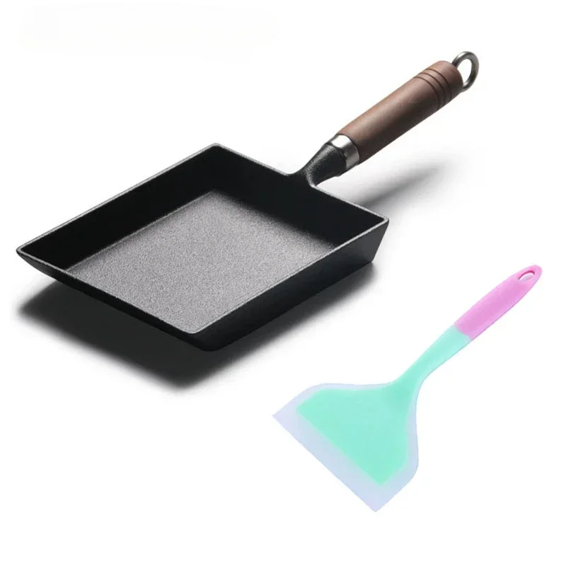 2Pcs/Set Cast Iron Egg Frying Pan + Silicone Turner/Non-stick Omelette Pan Rectangle Mini Tamagoyaki Pan/Cookware