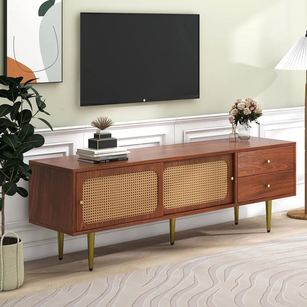 Stilvoller TV-Ständer aus Walnussholz mit 2 Rattan-Schiebetüren und praktischen Schubladen aus dunklem Kunststoff und Rattan – Detail 20