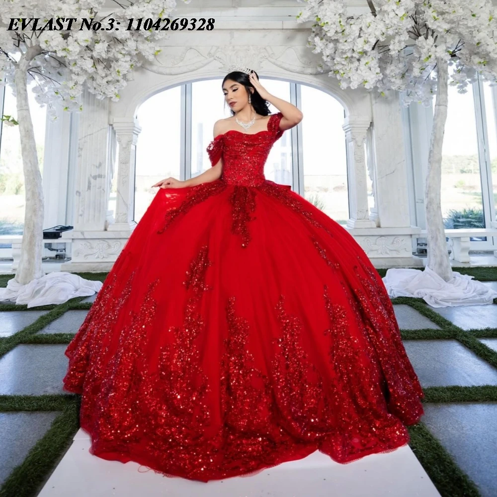 

EVLAST Элегантное красное платье Quinceanera по индивидуальному заказу, бальное платье с кружевом и блестками, аппликацией и бантом из бисера, Sweet 16, Vestidos De 15 Anos E3Q719