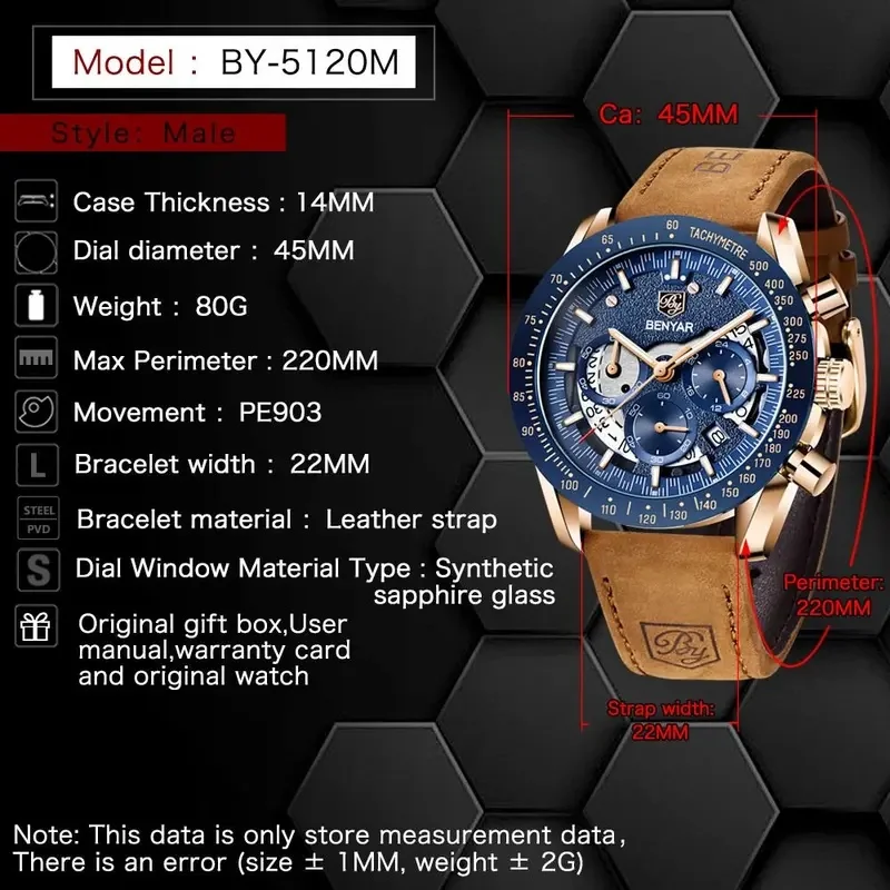 BENYAR New Men Sport Quartz Watch Chronograph Calendar Luxury Waterproof Military Business Wristwatch Men Clock Reloj Hombre