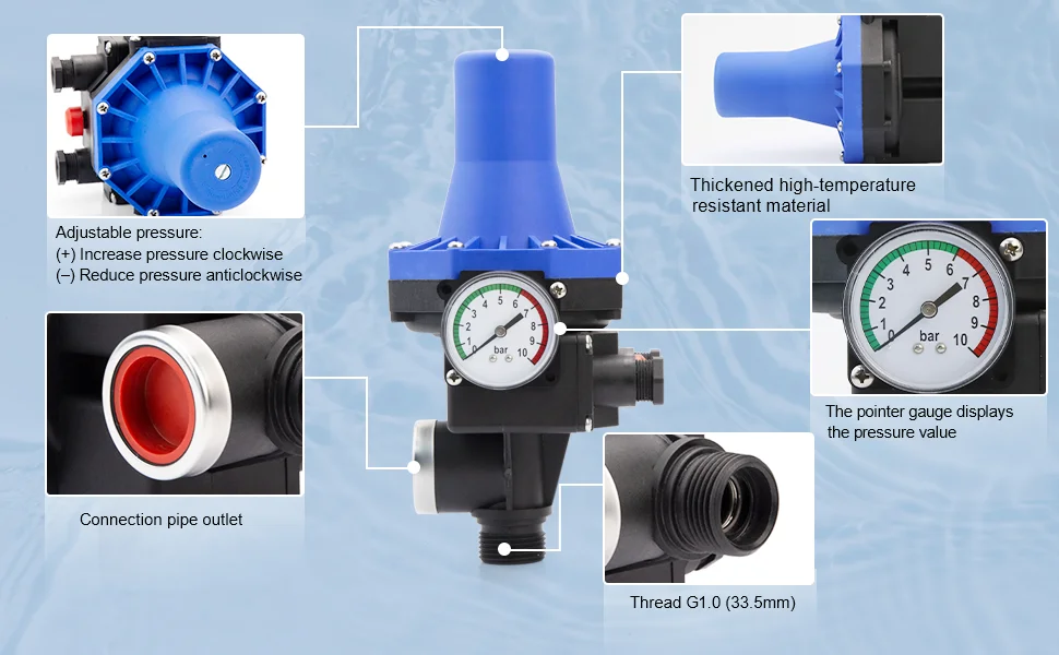 

Electronic Water Pump Pressure Switch 220V 1.1KW 10bar G1Thread High Quality Intelligent Water Pump Controller Water Flow Switch