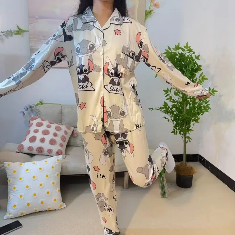 Trend Stitch character long-sleeved pajamas two-piece set - lightweight spring and autumn sleep loungewear can be worn outside