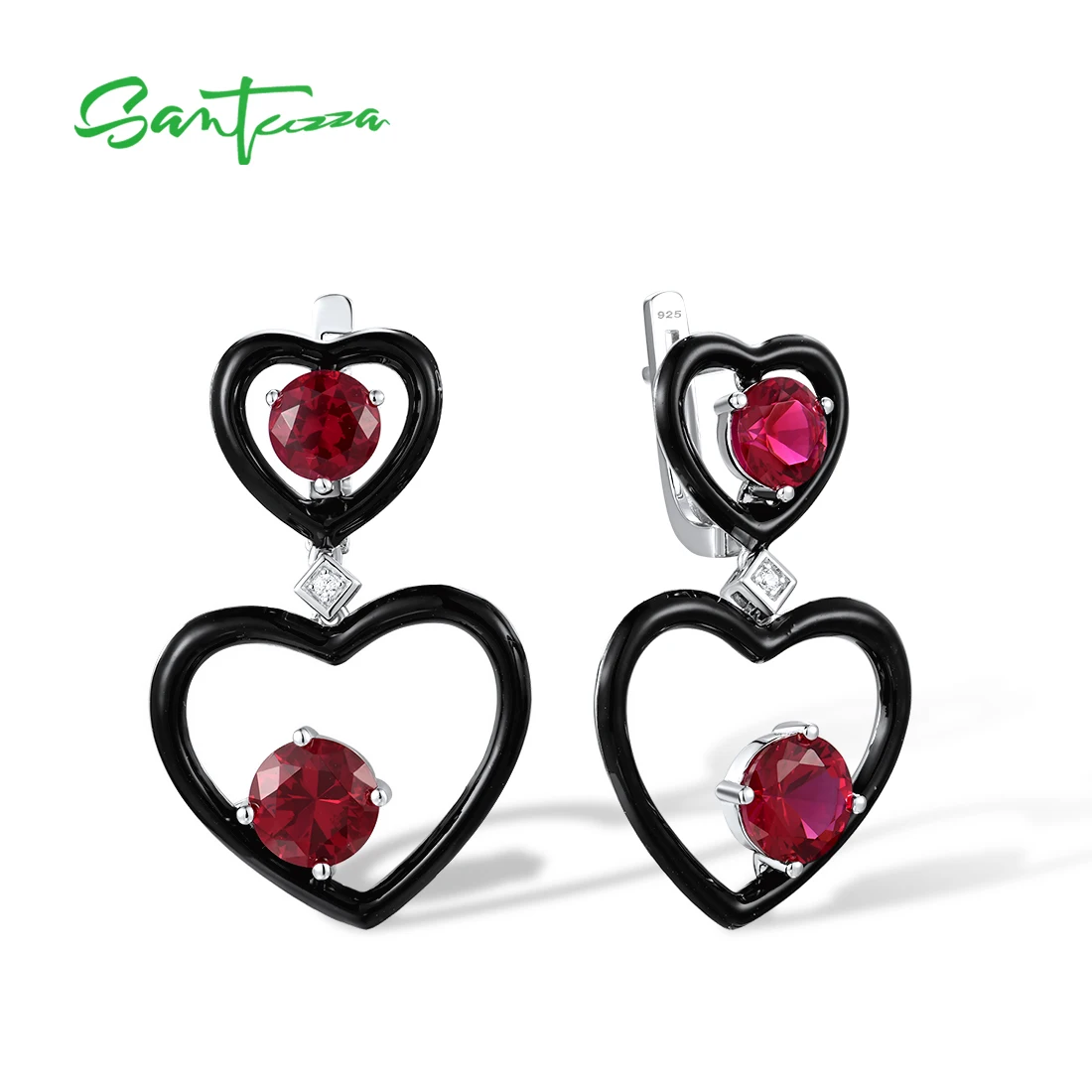 

SANTUZZA Pure 925 Sterling Silver Earrings For Women Red Nano Crystal White CZ Dangling Heart Cute Fine Jewelry Handmade Enamel